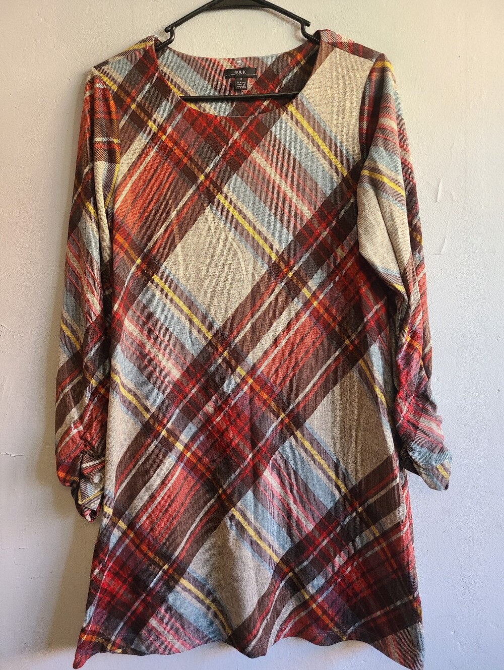 Women's medium 8 gray diagonal plaid cozy tunic dress long ruched sleeves v
